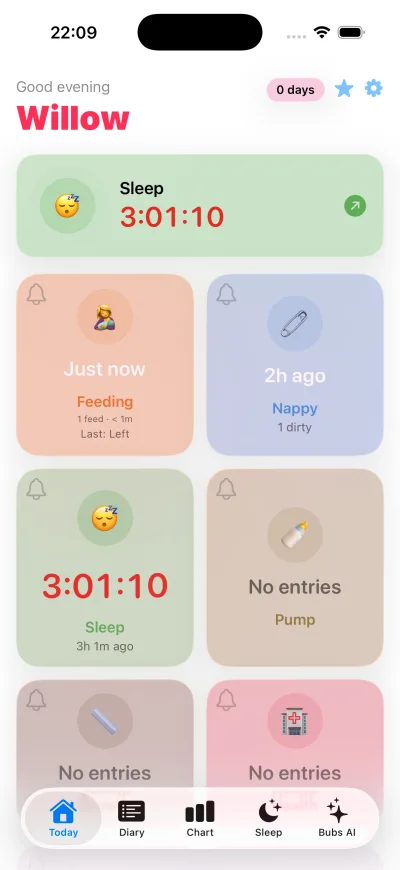 Today screen — live tracking tiles for feeding, nappy, sleep and more